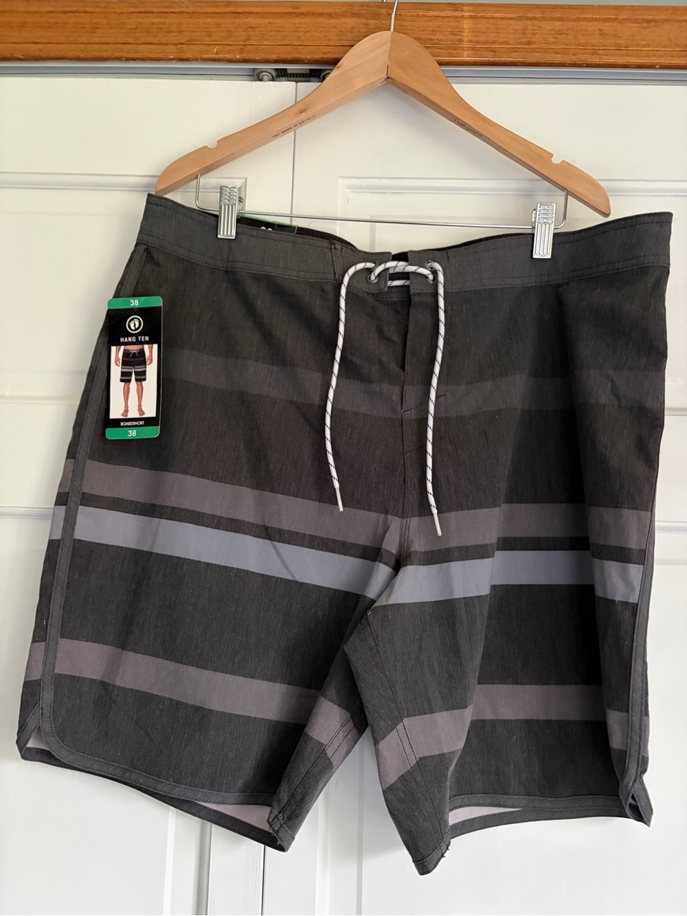 NWT Hang Ten Sz 38 Board Shorts Light Gray Horizontal Stripe Back Pocket